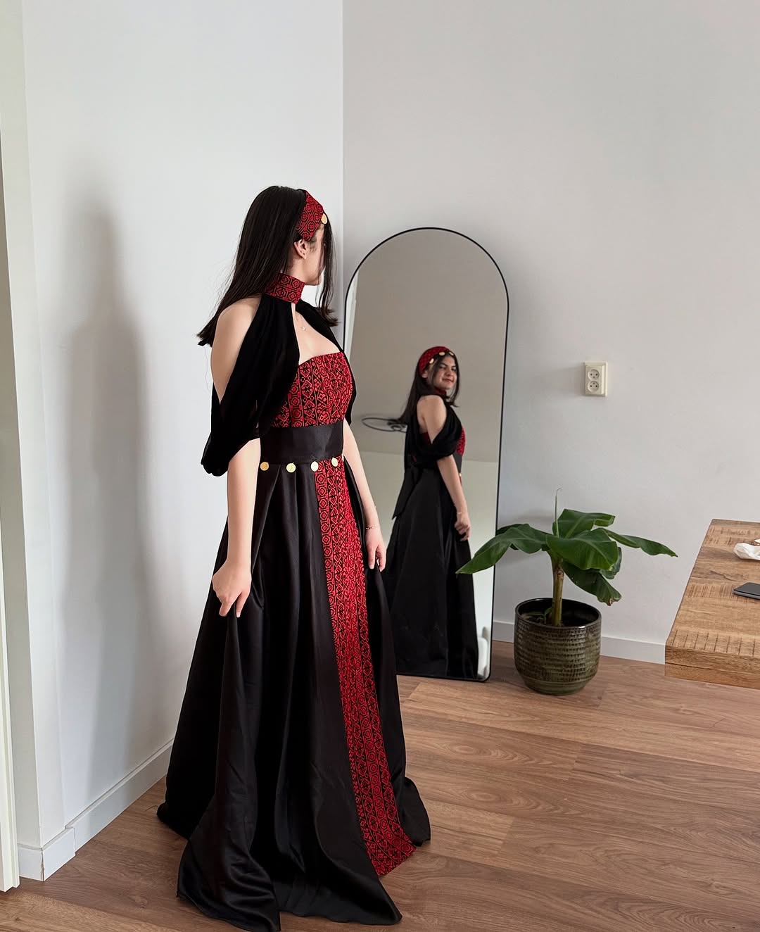 Onyx & Crimson Tatreez Coin Cape Gown