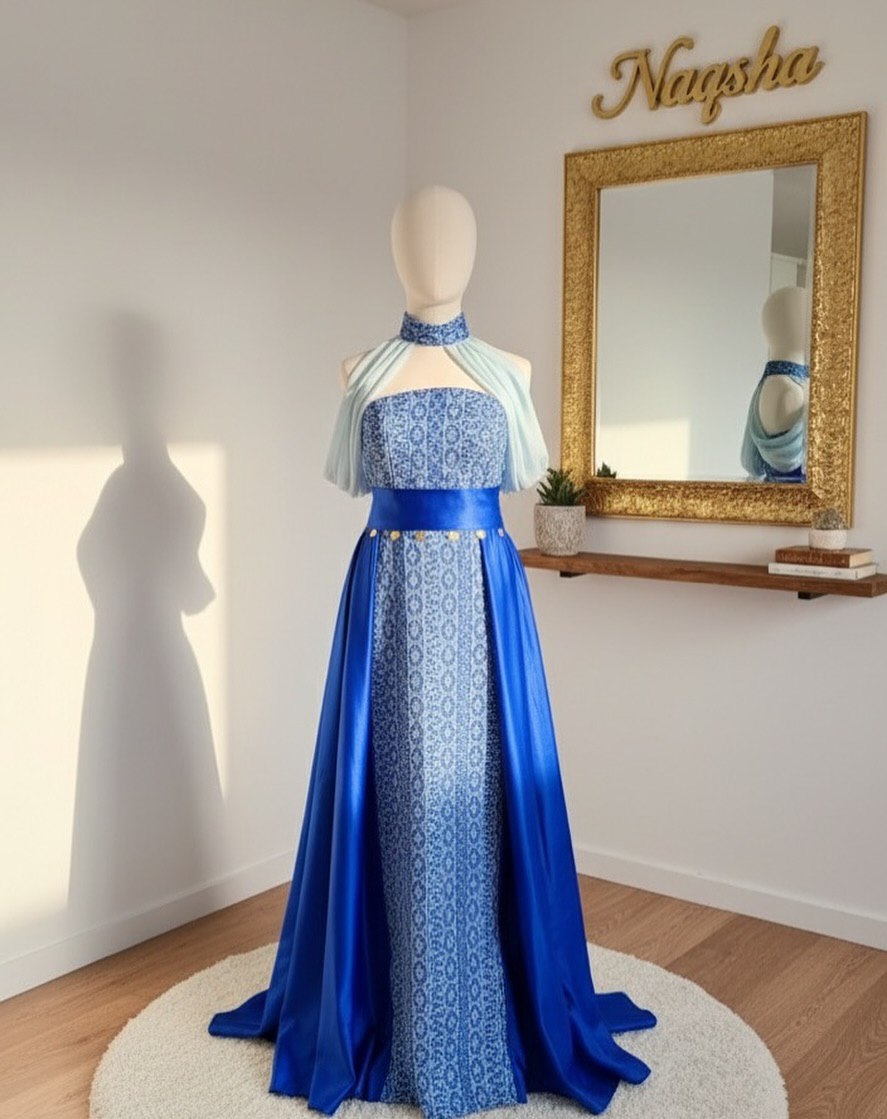 Royal Azure Tatreez Draped Gown (Coin Accents)