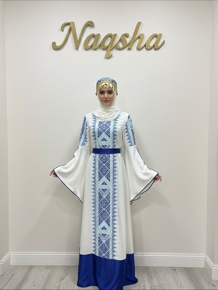 Ivory & Cobalt Tatreez Bell-Sleeve Kaftan