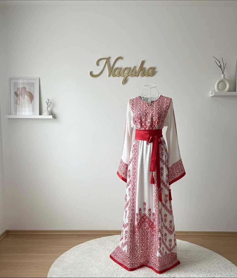 Ivory & Scarlet Tatreez Ceremony Gown (Tassel Sash)